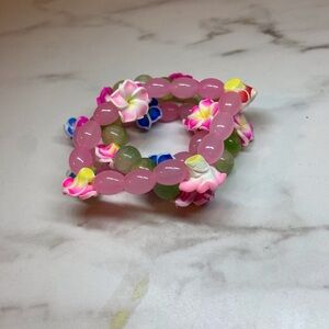 Floral Beaded Bracelet Set - Pink and Green